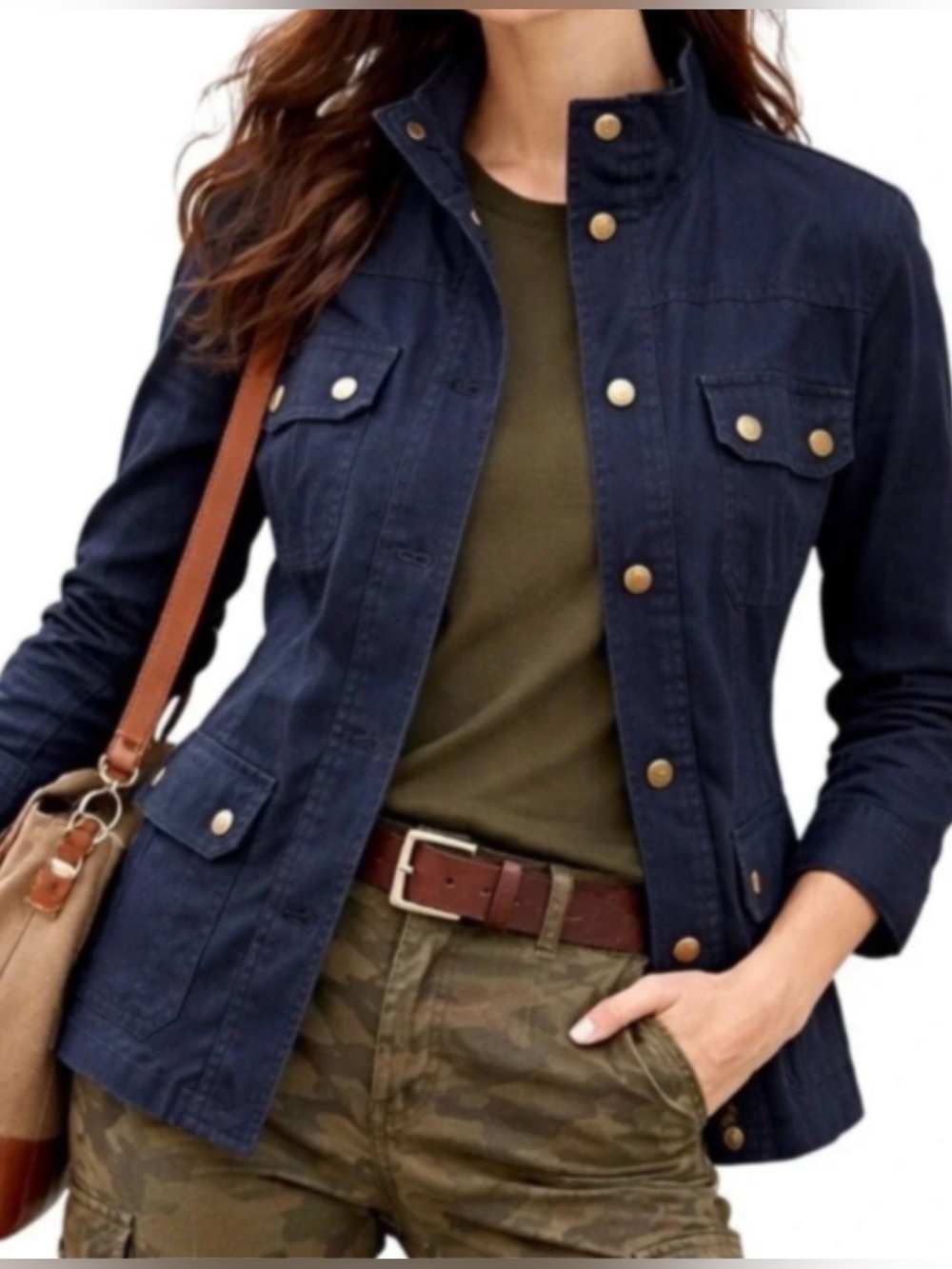 J.Crew Field Utility Jacket Military Navy Goldtone Snap Hidden Zip Outdoor SZ SM